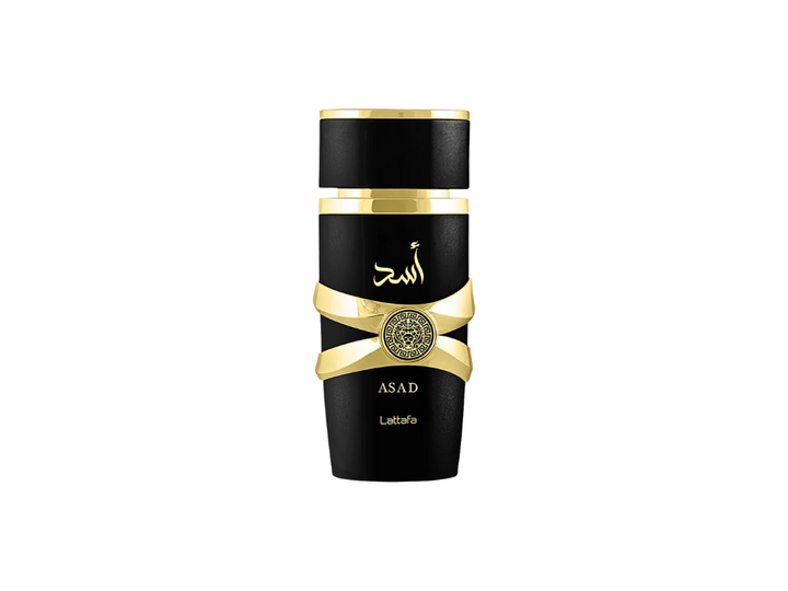 Black and gold perfume bottle with &