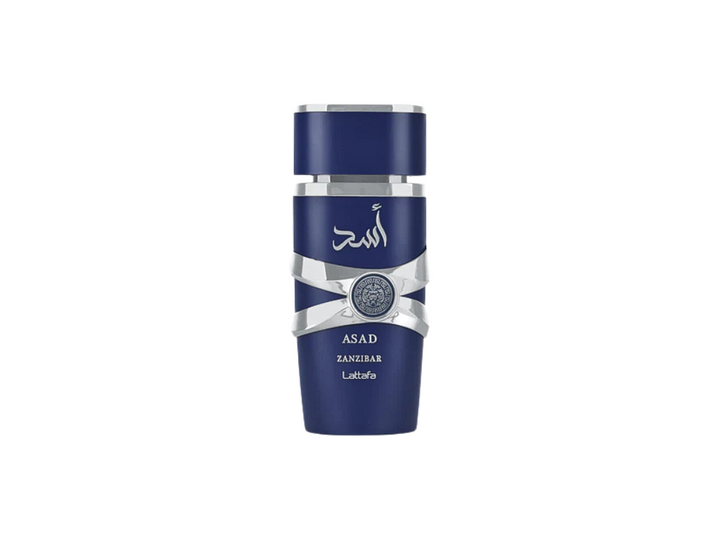 Lattafa Asad Zanzibar blue perfume bottle with silver design on a white background