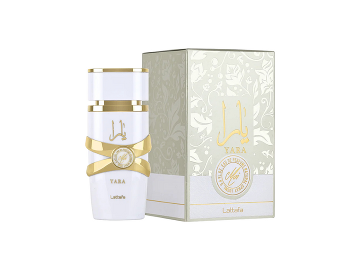 White and gold perfume bottle with packaging on a white background
