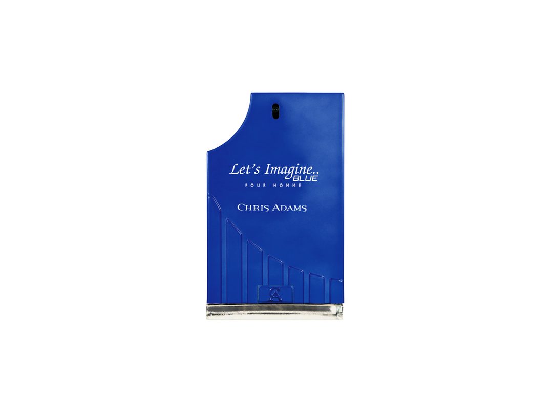 Blue bottle of Chris Adams perfume on a white background