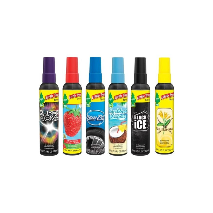 Six Little Ttree spray bottles in different colors (purple, red, blue, light blue, black, and yellow) arranged in a row on a white background.