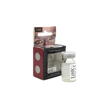 loox contact lens A 1.00X cosmetic liquid vial with a silver cap next to its retail packaging box, which features a graphic of eyes on a white background.