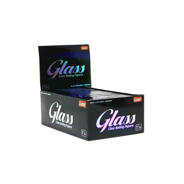 Box of Glass clear rolling papers on a white background