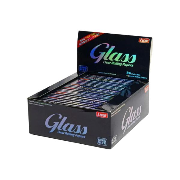 Box of Glass clear rolling papers with visible branding on a white background