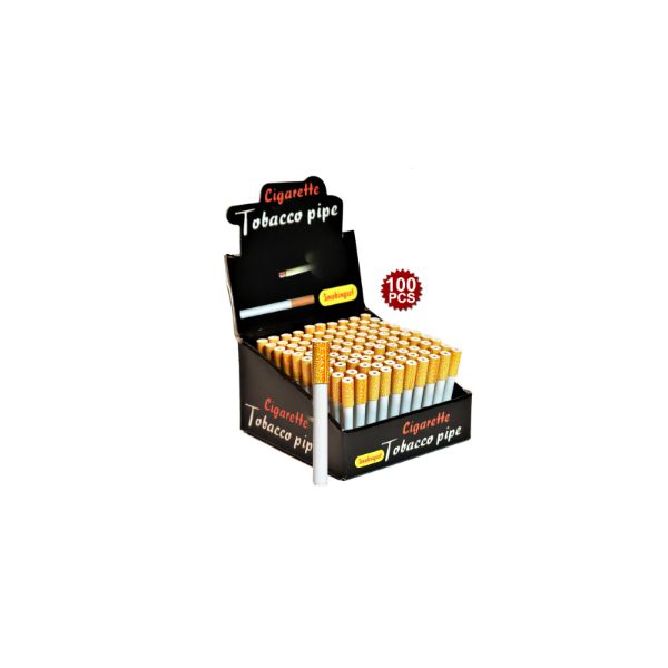 Box of cigarette-shaped tobacco pipes with visible branding on a white background