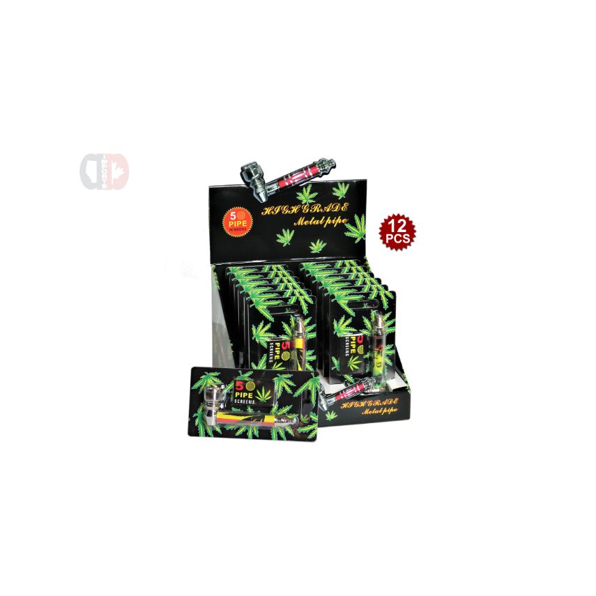 Metal tobacco pipe with screen blister pack on a white background