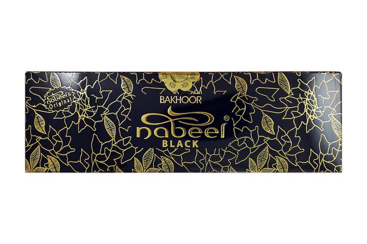 Nabeel Black bakhoor packaging with gold leaf design on a white background