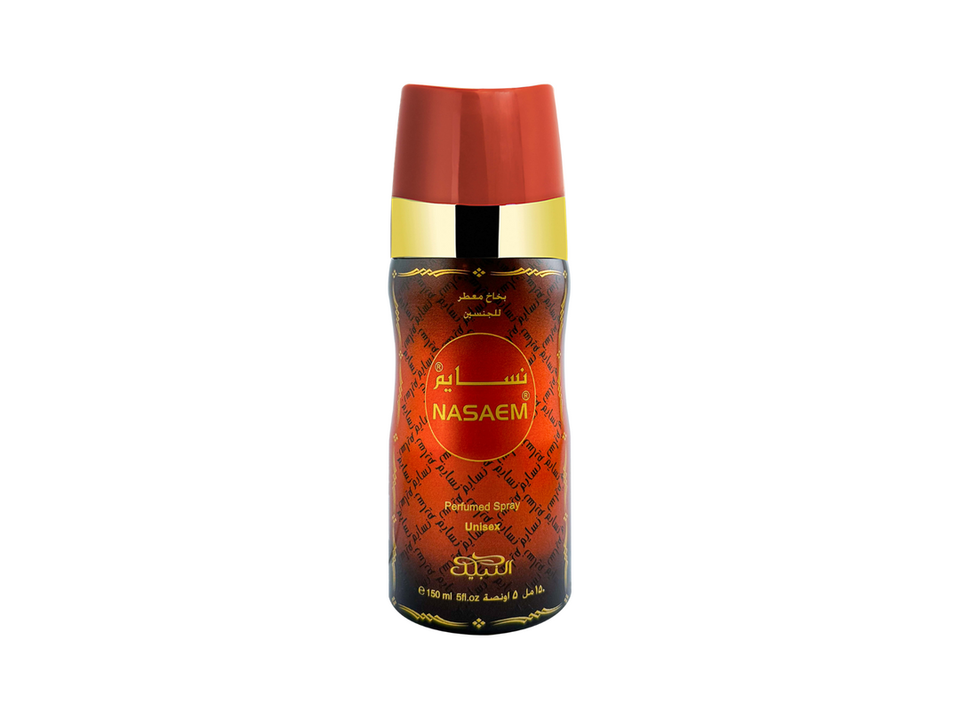 Nasaem perfumed deodorant spray bottle on a white background