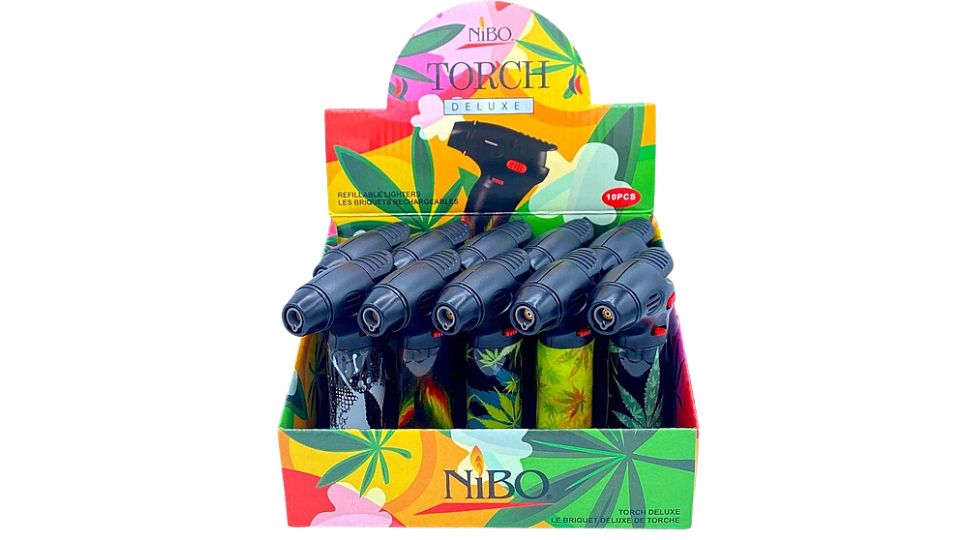 Display of NIBO Torch lighters with colorful packaging on a white background