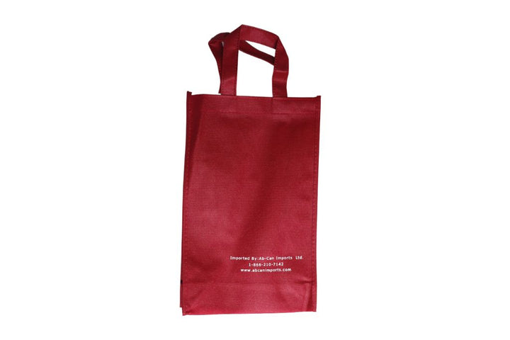 Red tote bag with a white text label on a white background