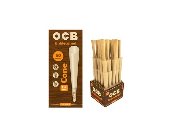 OCB unbleached cone packaging with cones displayed on a white background
