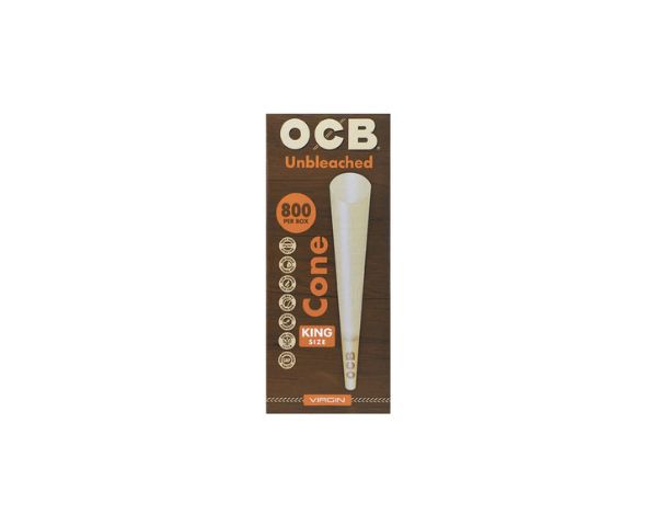 Ocb virgin unbleached king size cone 800 in a pacjk with white background