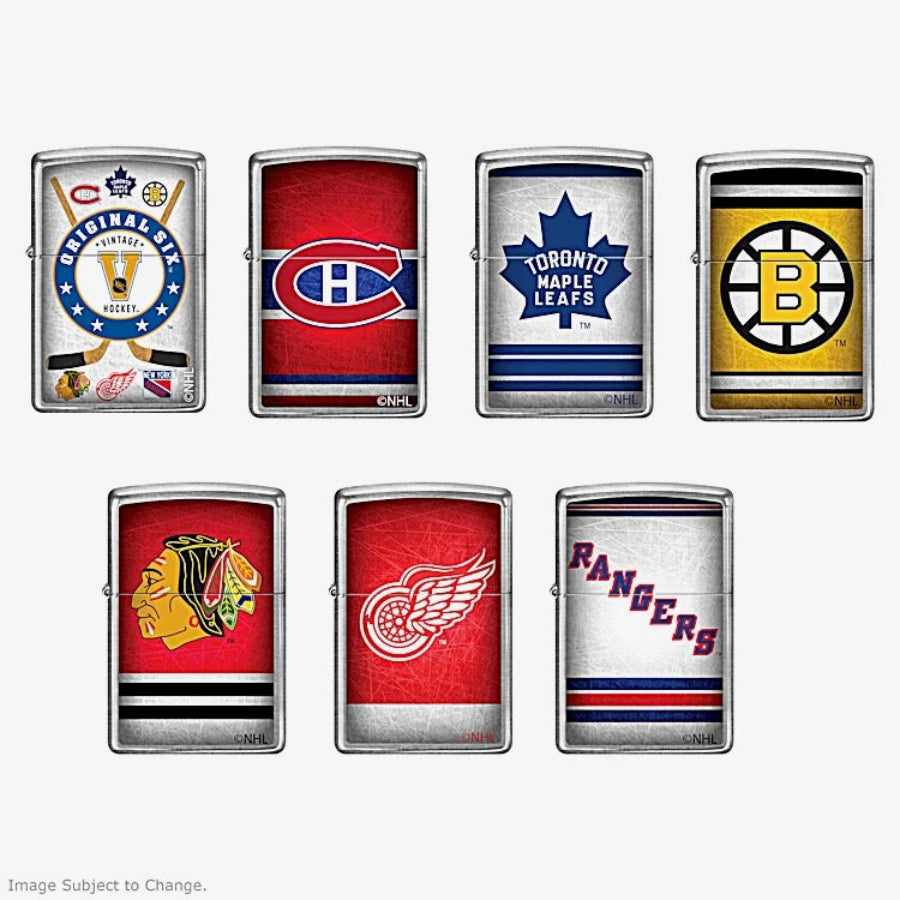 Set of eight Zippo lighters with various sports team logos on a white background
