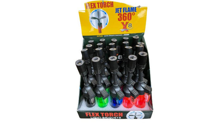 Display of Flex Torch lighters with colorful flames on a white background