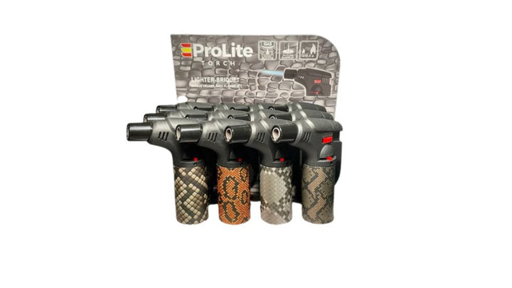 Three ProLite lighters with camouflage patterns on a white background