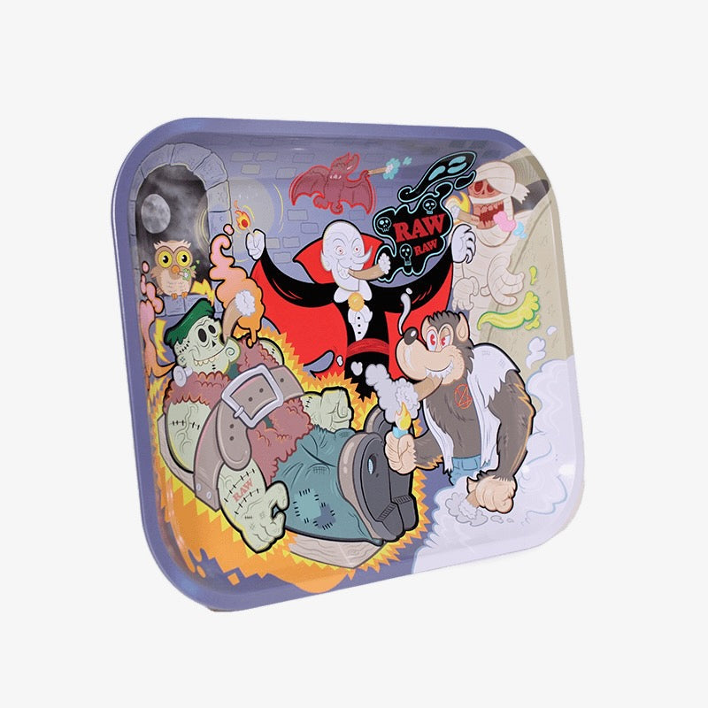Colorful cartoon-style tray with characters and &