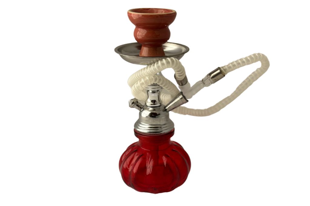 Red hookah with white hose on a white background