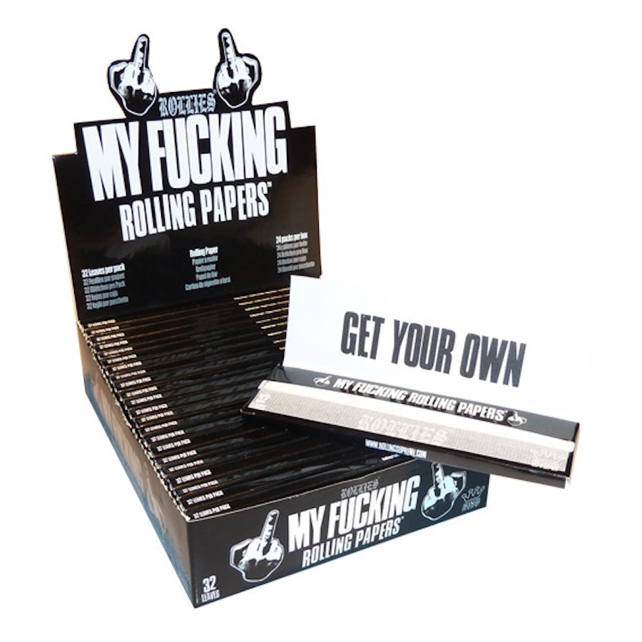 Box of 'My Fucking Rolling Papers' with visible branding and product packaging.