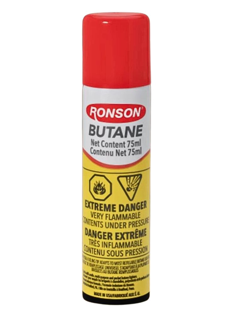 Ronson butane canister with red cap on a white background