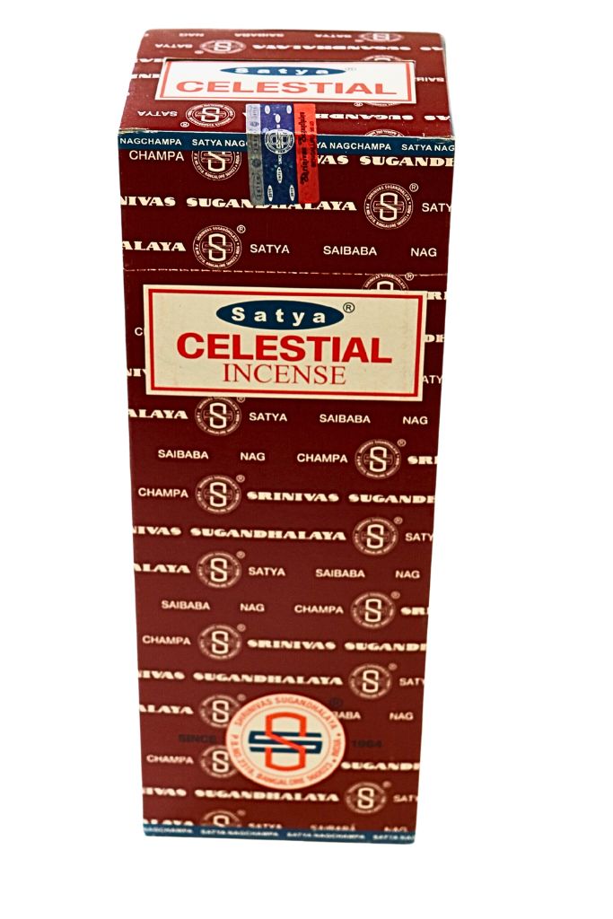 Box of Satya Celestial Incense with branding on a white background