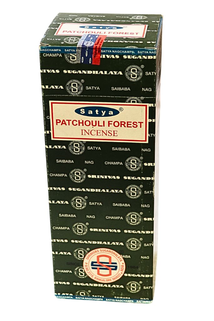 Box of Satya Patchouli Forest incense with brand logo and names.