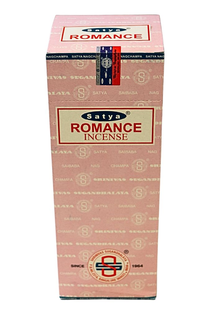 Box of Satya Romance Incense with branding and product name on a white background