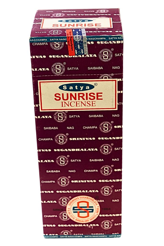 Box of Satya Sunrise incense with branding and product name.