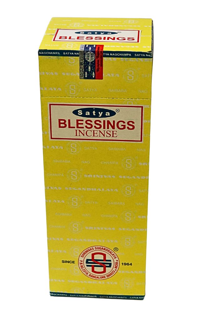Box of Satya Blessings Incense with yellow packaging