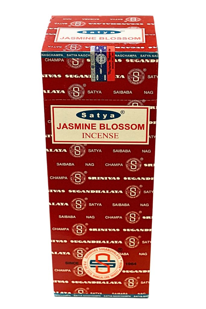 Box of Satya Jasmine Blossom incense with red and white design