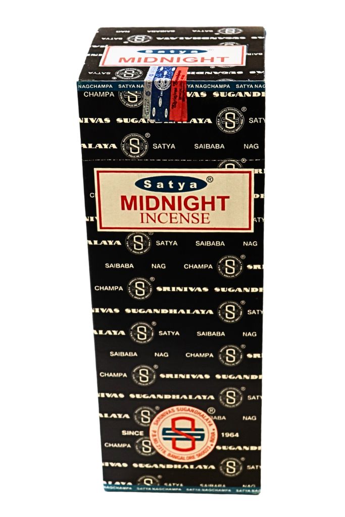 Box of Satya Midnight Incense with brand logo on a white background