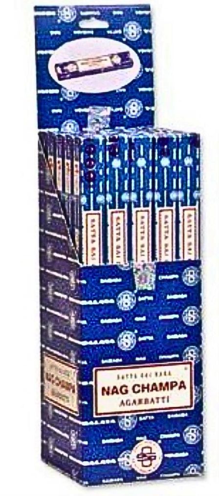 Display of Nag Champa incense sticks packaging with blue and white design.