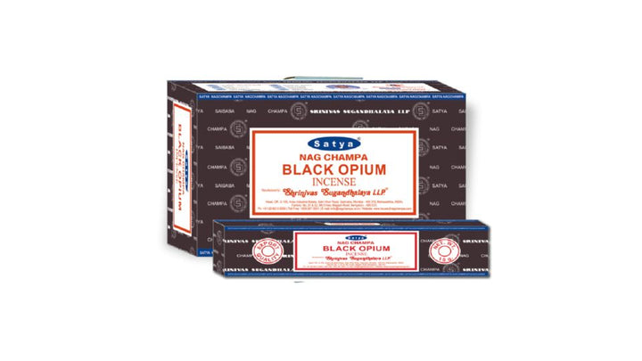 Nag Champa Black Opium incense packaging on a white background