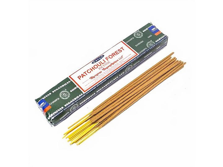 Box of Patchouli Forest incense sticks on a white background