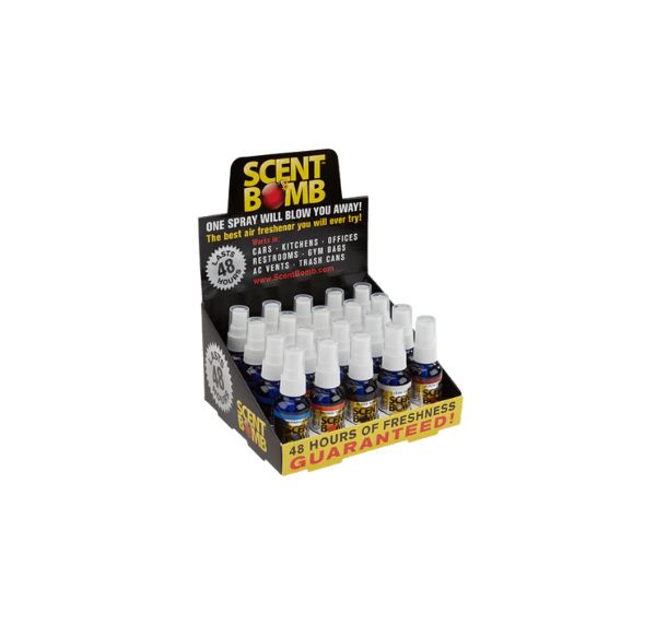 Display box of Scent Bomb air fresheners with multiple bottles inside on a white background