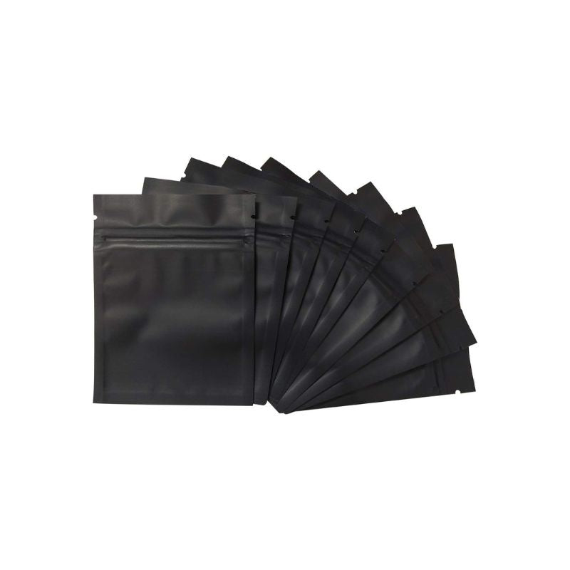A set of black resealable zip-top pouches arranged in a fan shape on a plain white background.