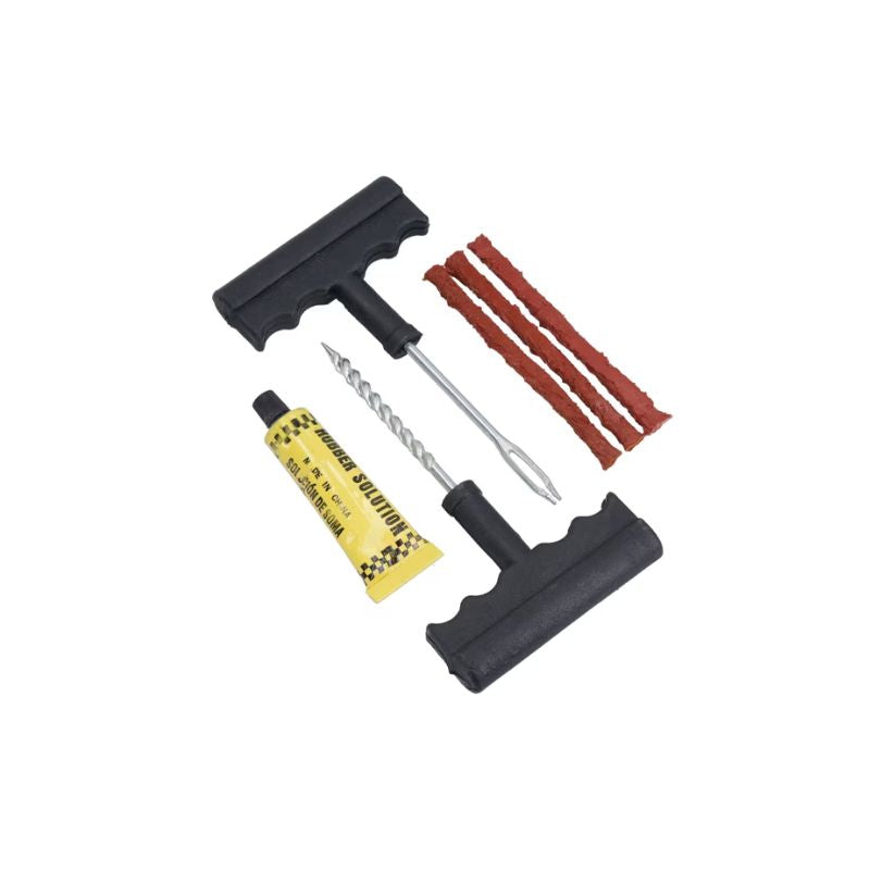 A tire repair kit containing two black T-ends, a silver metal spiral chisel, three red rubber plugs, and a yellow tube of tire sealant, arranged on a plain white background.