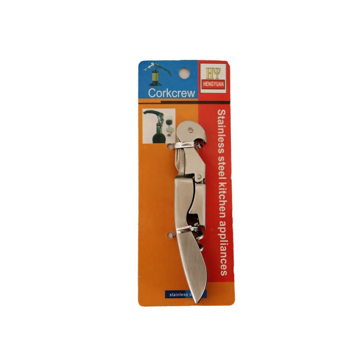 Corkcrew stainless steel kitchen appliance opener tool in its original orange and blue retail packaging, shown against a plain white background.
