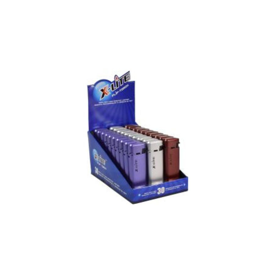Display box of X-Lite lighters with various colors on a white background