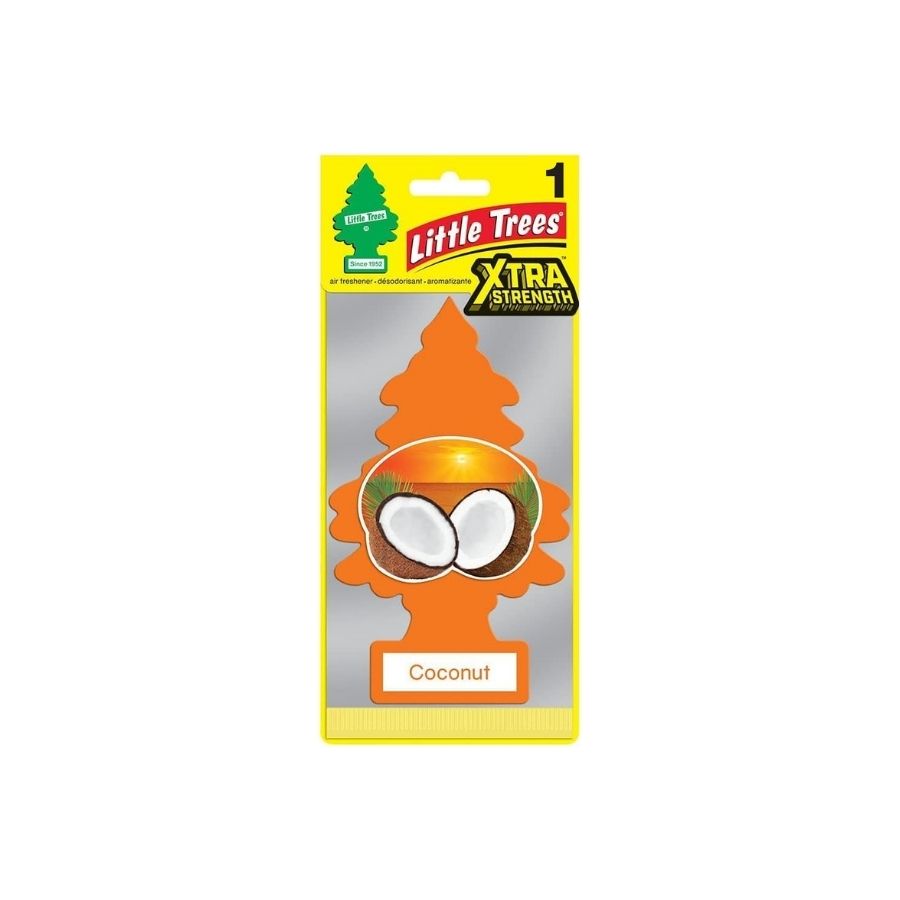 Little Trees xtra strength Coconut air freshener packaging on a white background