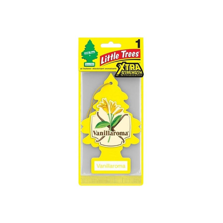 Little Trees xtra strength Vanillaroma air freshener packaging on a white background