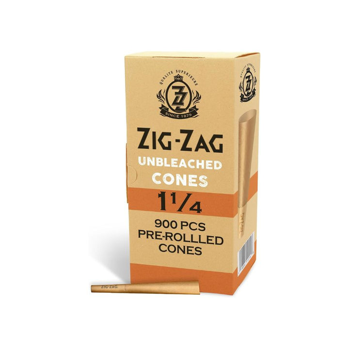 Box of Zig-Zag unbleached cones with pre-rolled cones on a white background