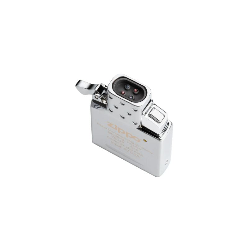 A Zippo lighter arc insert with a polished chrome finish, featuring a hinged lid and a visible flame wheel mechanism, set against a plain white background.