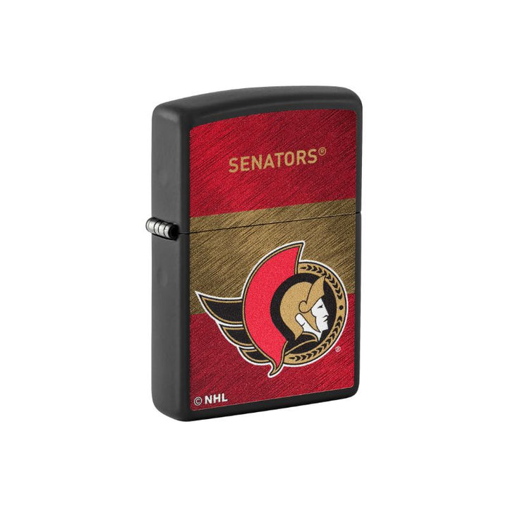 A black Zippo-style lighter featuring the Ottawa Senators NHL logo and a split red and gold textured design on the front, shown on a plain white background.