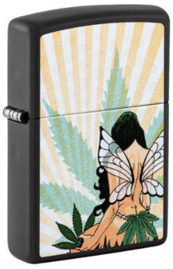 Zippo lighters with a design of a fairy and cannabis leaves on a black background