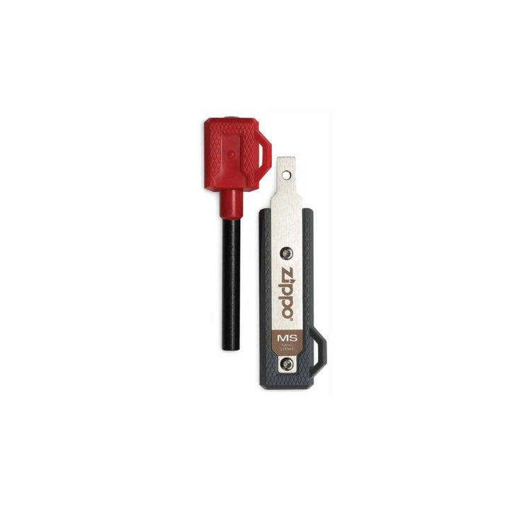 A zip fire starter tool with a red and black ferrocerium rod and a black and silver metal striker, branded &