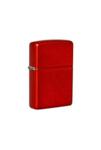 Zippo classic rectangular lighter with rounded corners, featuring a textured metallic red finish and a silver metal hinge on the front on te white background