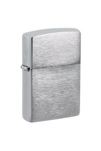A classic Zippo-style lighter with a brushed silver metal finish, shown from a three-quarters perspective against a plain white background.